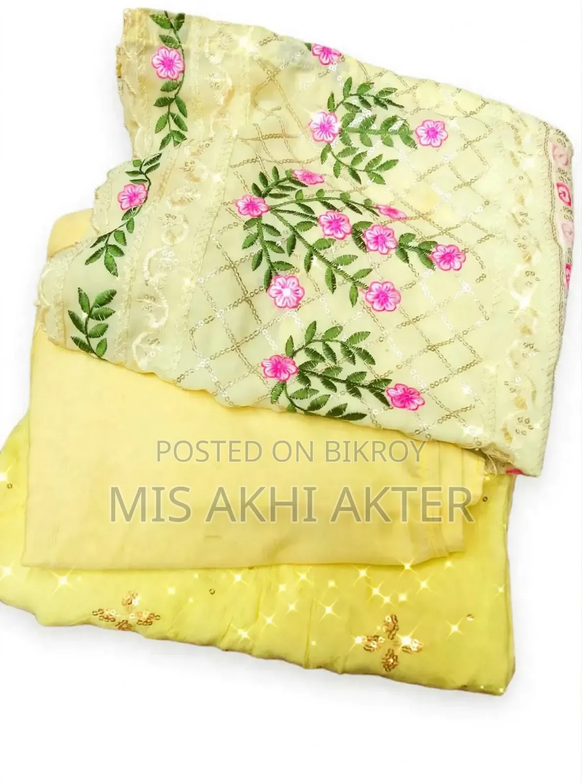 লেমন কালার এমব্রয়ডারি জর্জেট থ্রি-পিস - নতুন