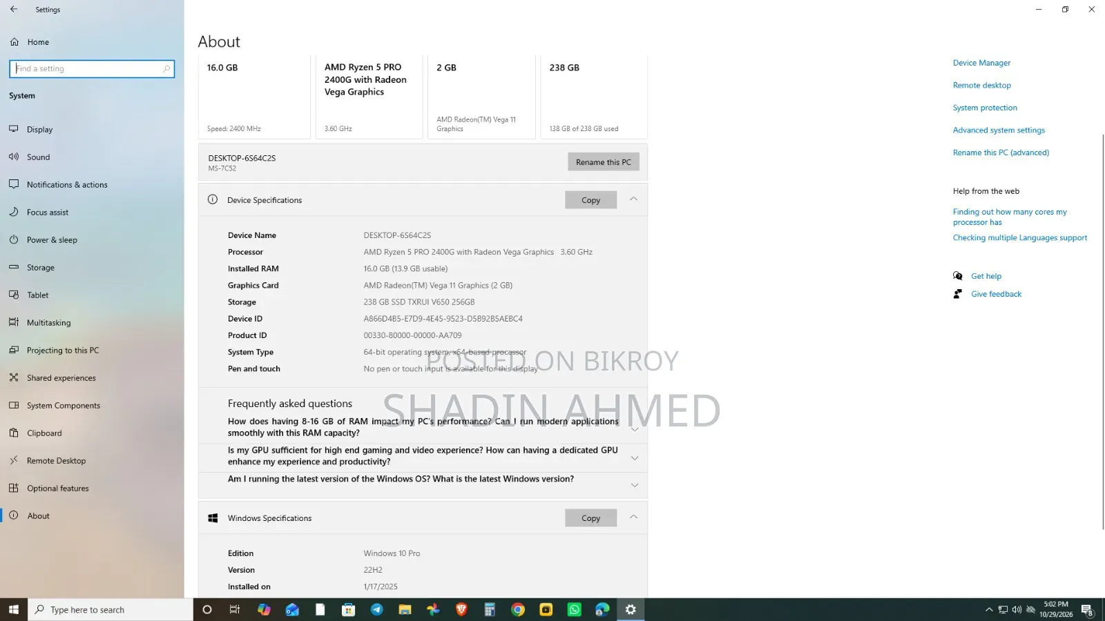 Desktop Computer 16GB RAM 256GB SSD