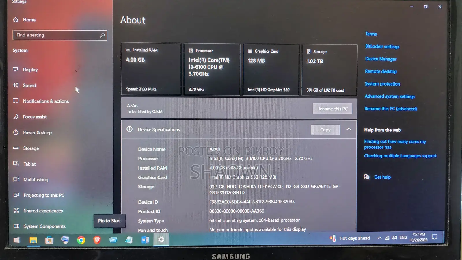 Desktop Computer Gigabyte 4GB Intel Core i3 HDD+SSD 128GB