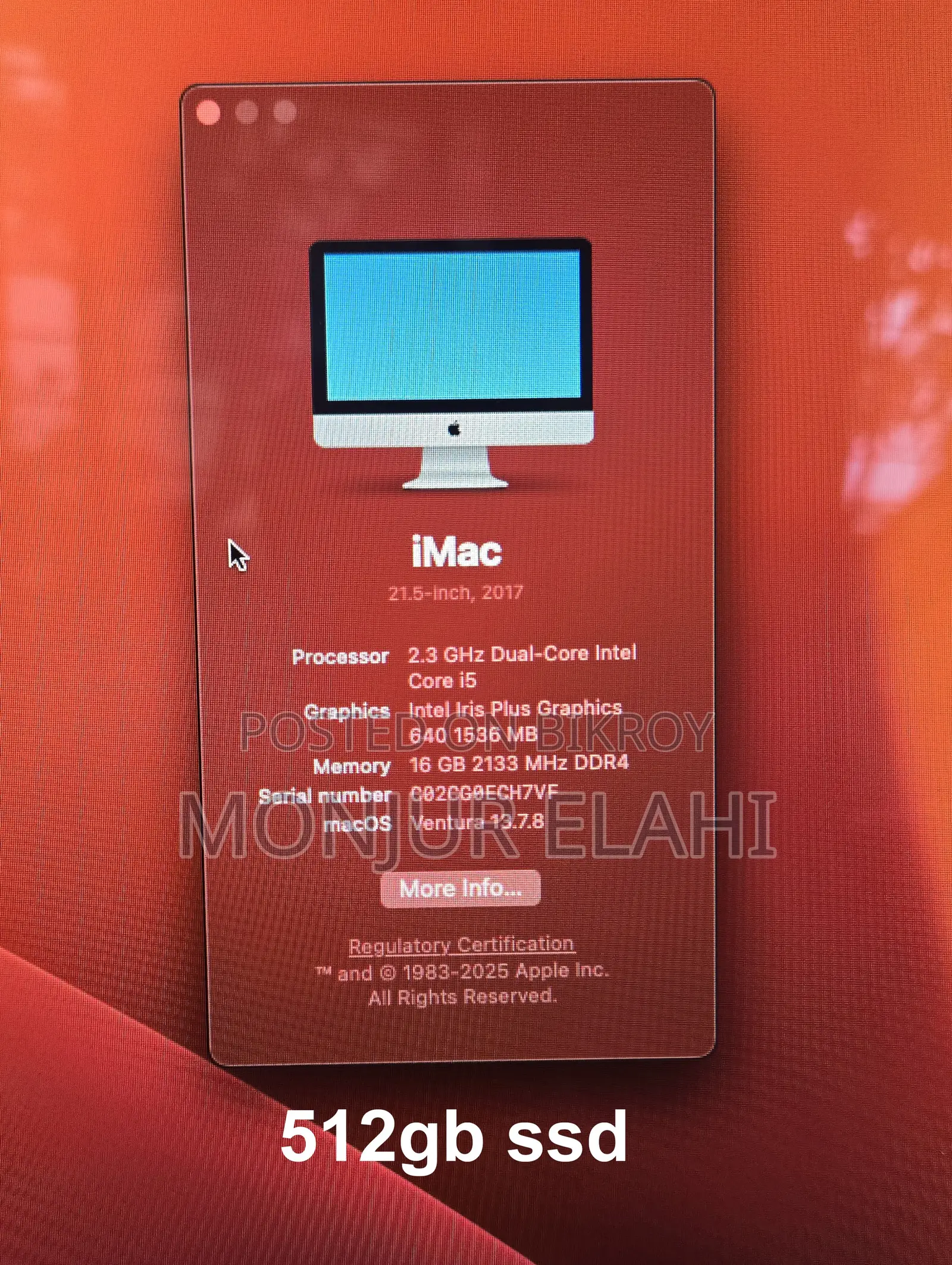 Desktop Computer Apple iMac 16GB Intel Core i5 SSD 500GB