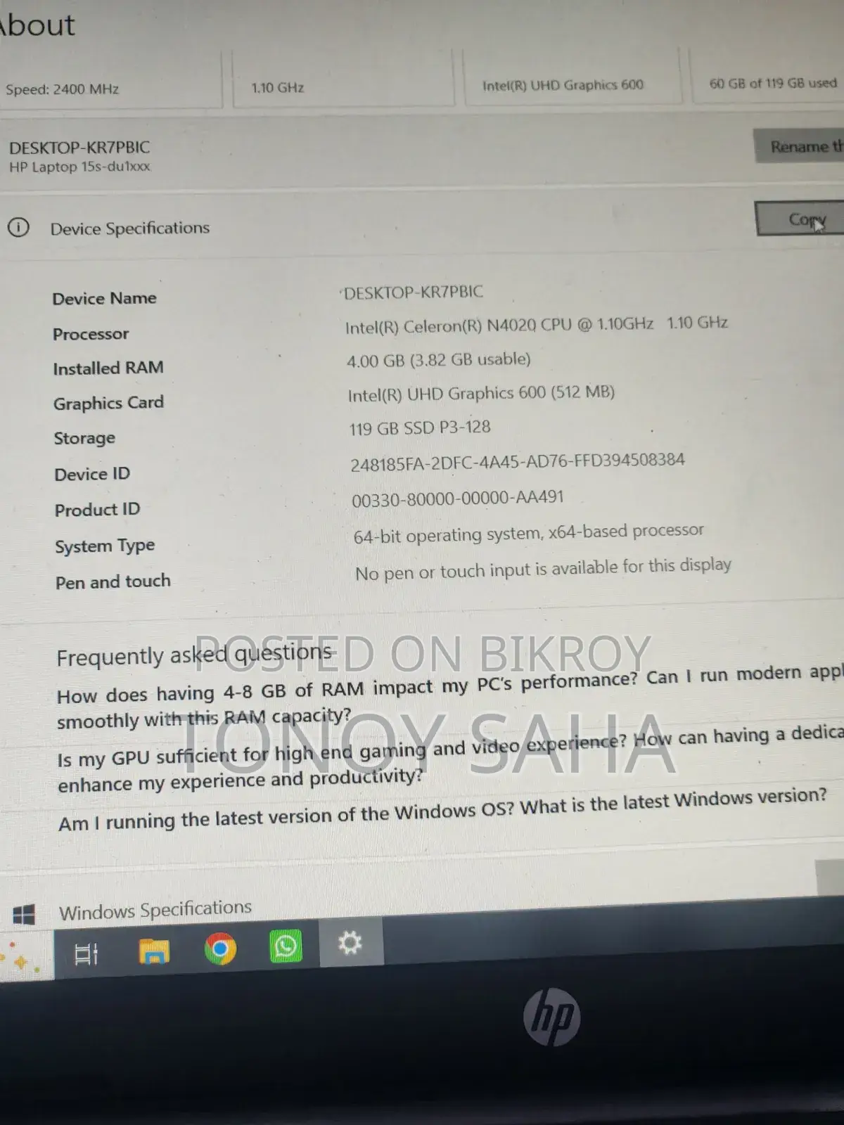 Laptop HP 15S 4GB Intel SSD 128GB