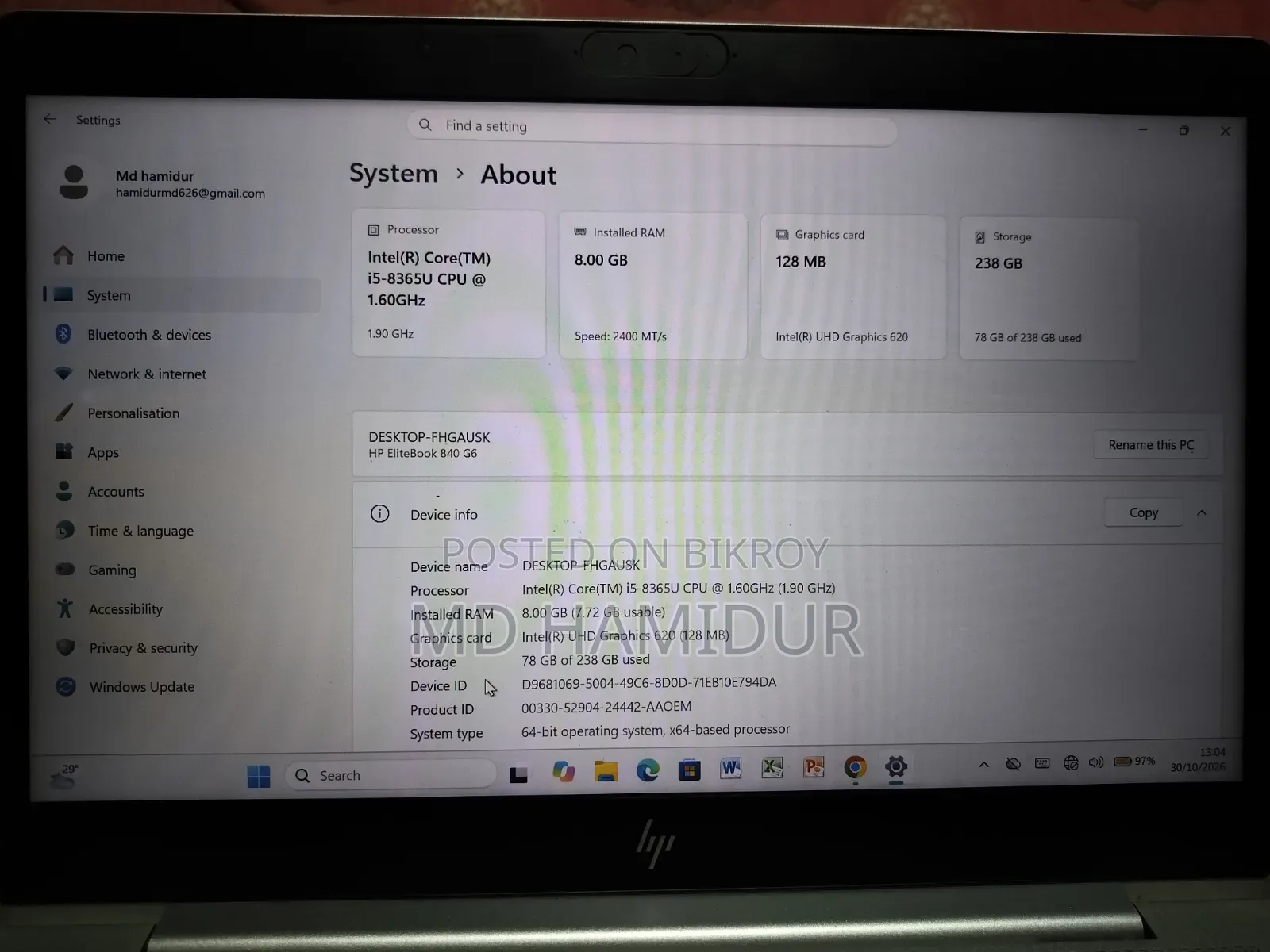 Laptop HP EliteBook 840 G6 8GB Intel Core i5 SSD 256GB