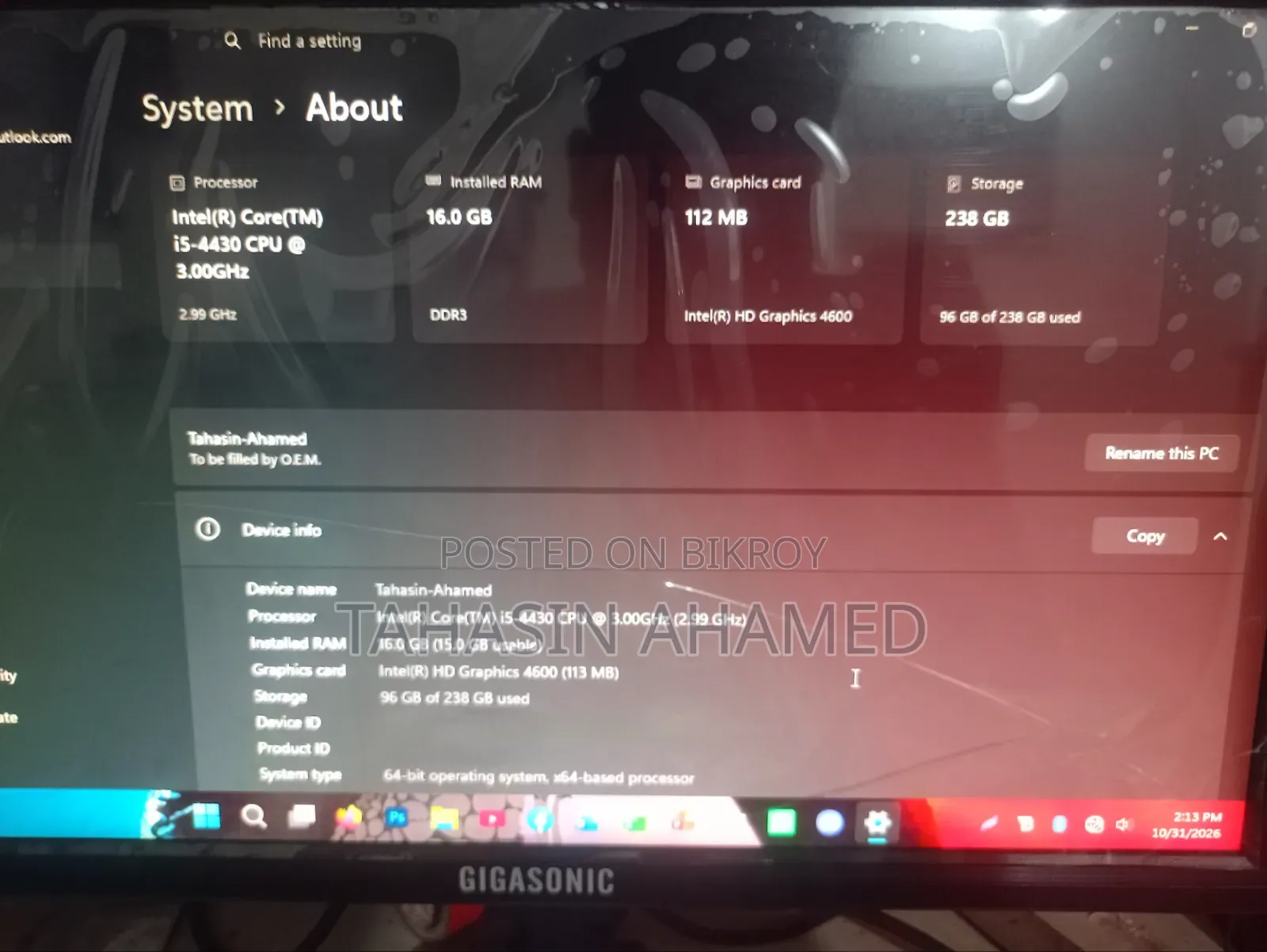 Desktop Computer 16GB Intel SSD 256GB