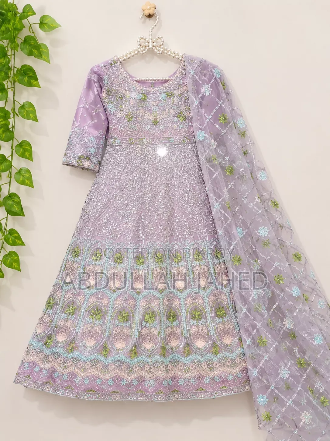 Heavy Work Lavender Party Gown with Matching Orna