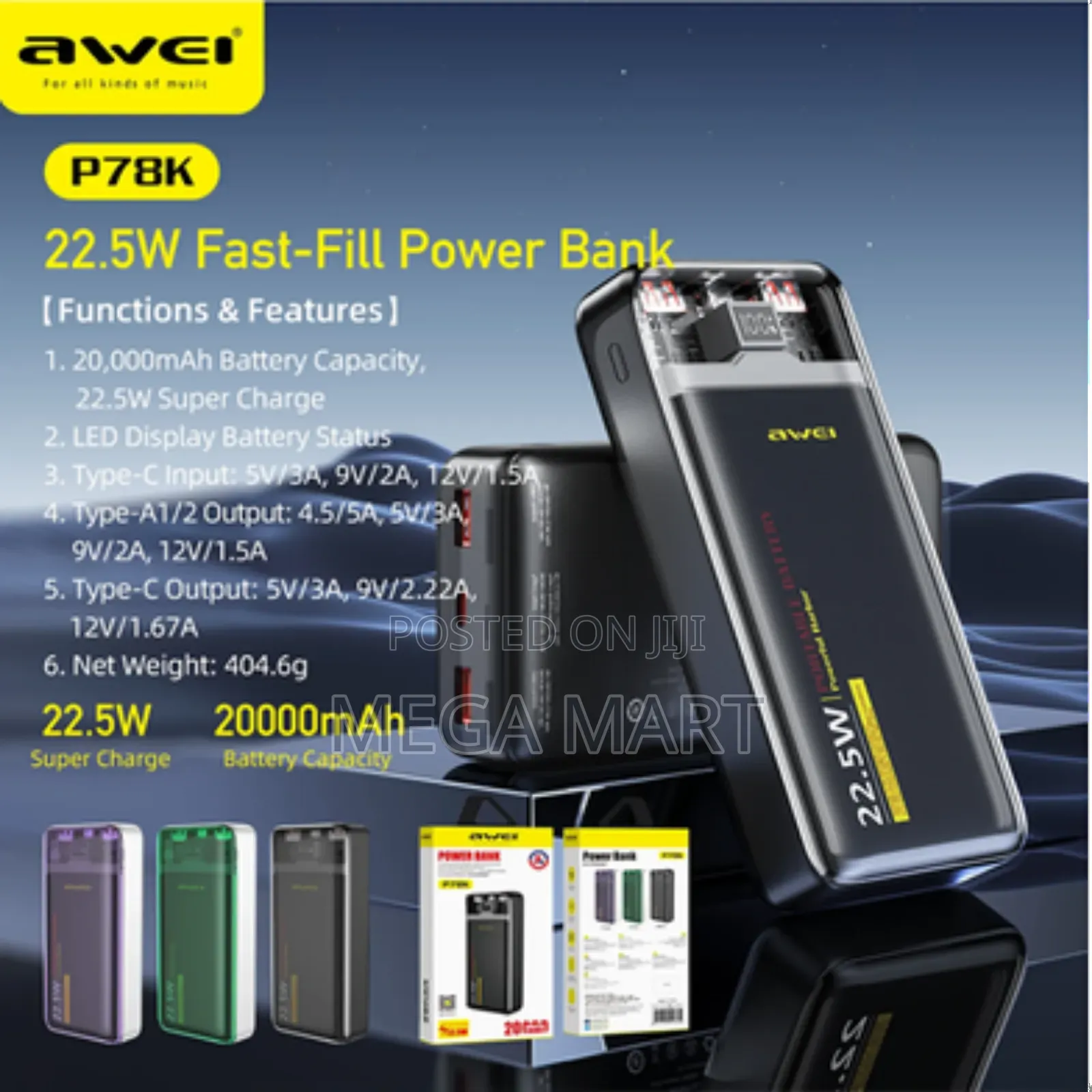 Awei P78K 20000mah PD22.5w Fast Charging Power Bank (688