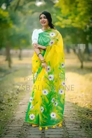 হ্যান্ড প্রিন্ট এমব্রয়ডারি ওয়ার্ক অন হাফ সিল্ক শাড়ি