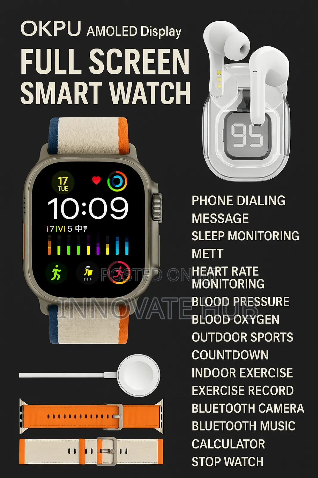 Okpu D100 Smartwatch With TWS Earbuds and 2 Strips