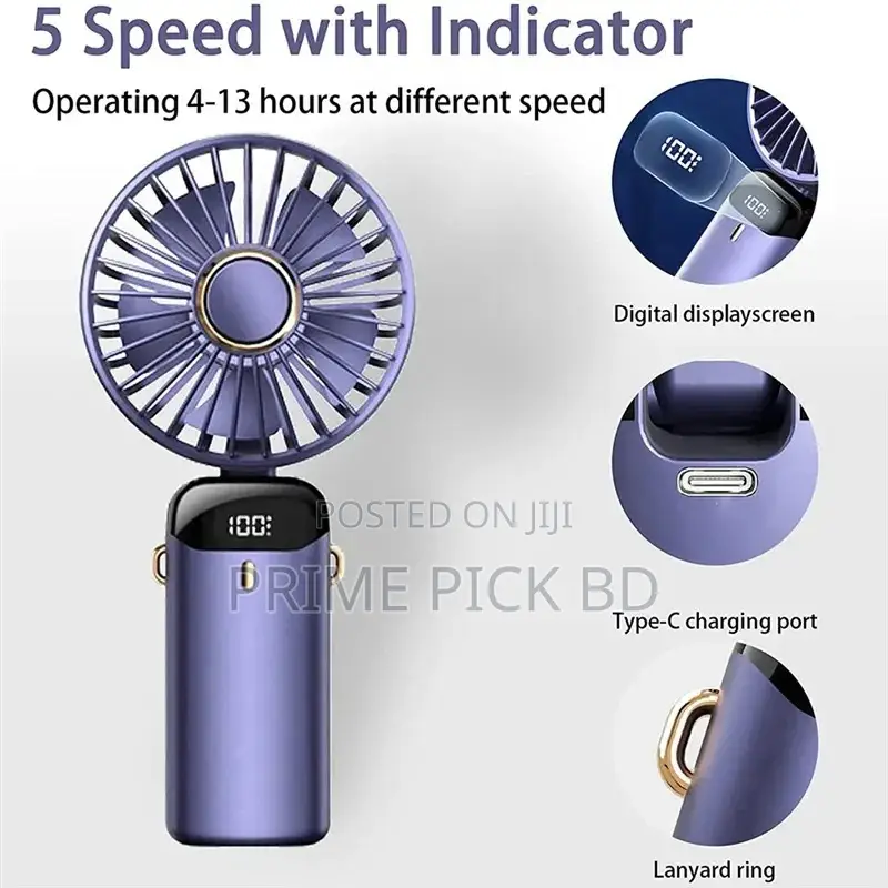 Portable Fan – 5000mah Rechargeable | 5 Speeds | Led Display