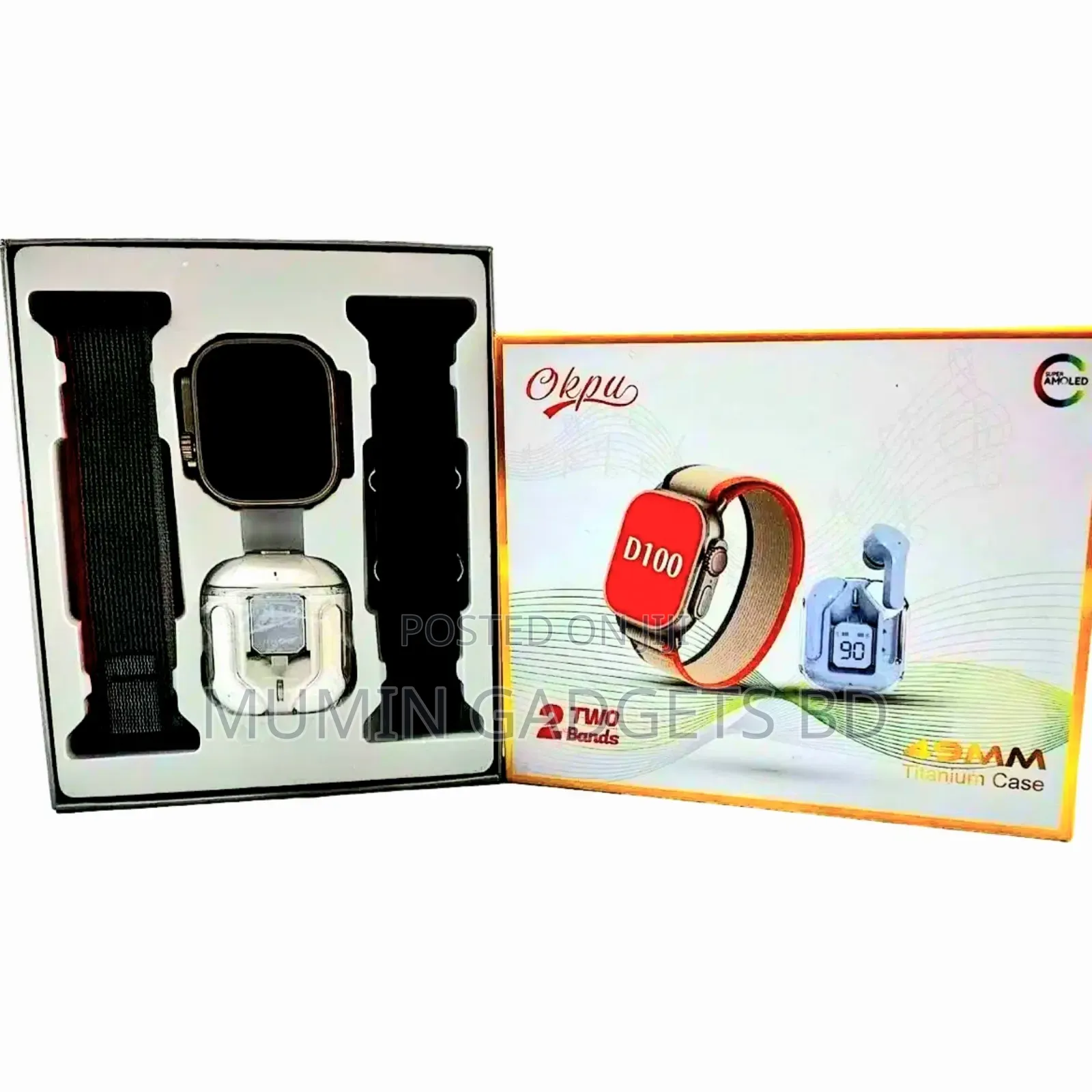 Okpu D100 Smartwatch With TWS Earbuds and 2 Strips