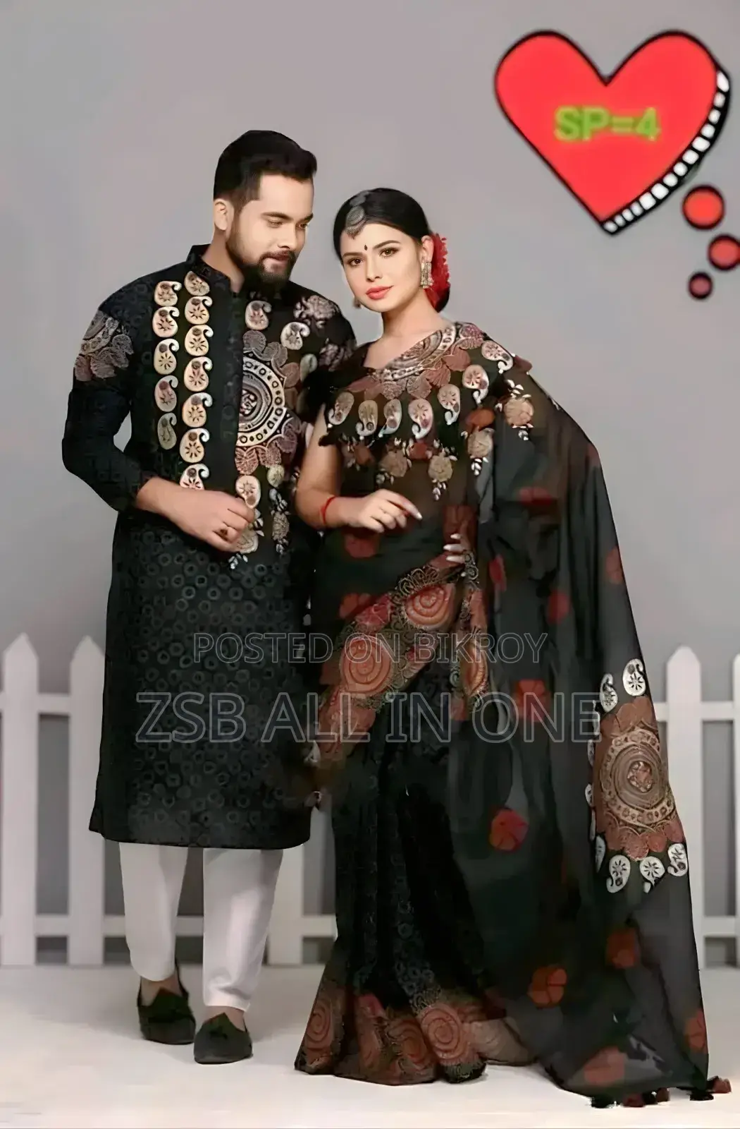 মেয়ে এবং ছেলেদের জন্য হ্যান্ড পেইন্টেড হাফ সিল্ক শাড়ি পাঞ্জাবি সেট