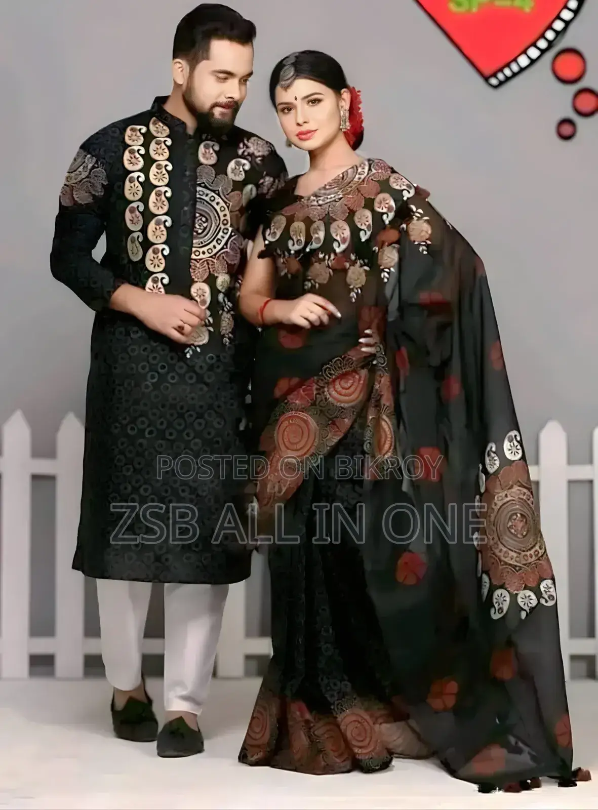 মেয়ে এবং ছেলেদের জন্য হ্যান্ড পেইন্টেড হাফ সিল্ক শাড়ি পাঞ্জাবি সেট
