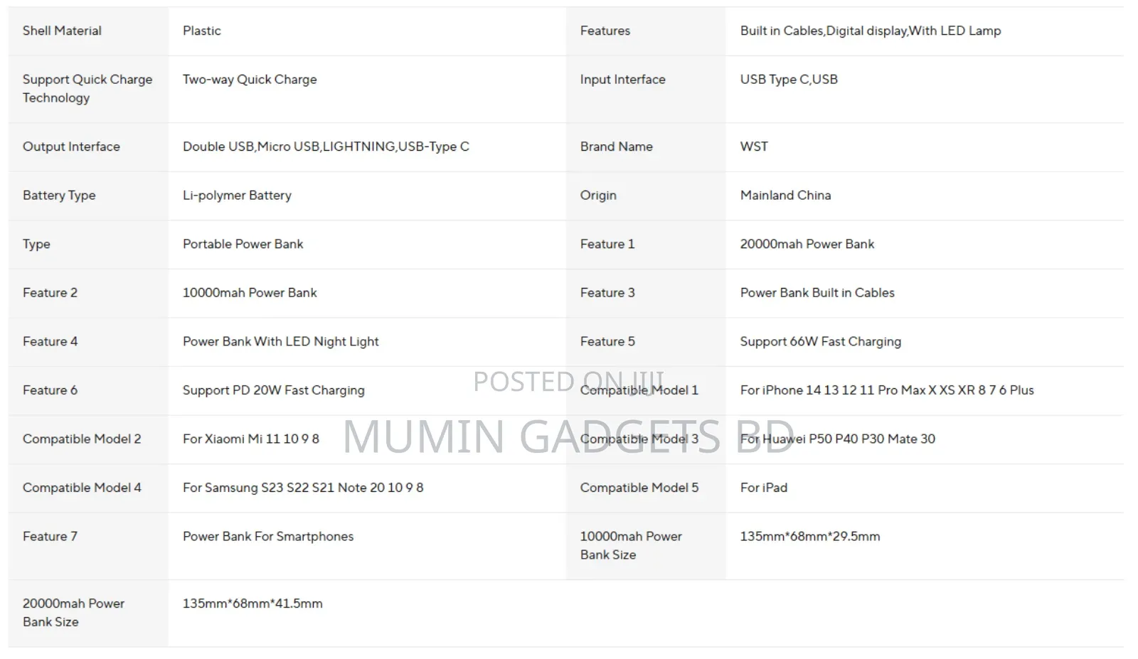 20000mah Power Bank With Cable 66w Fast Charging