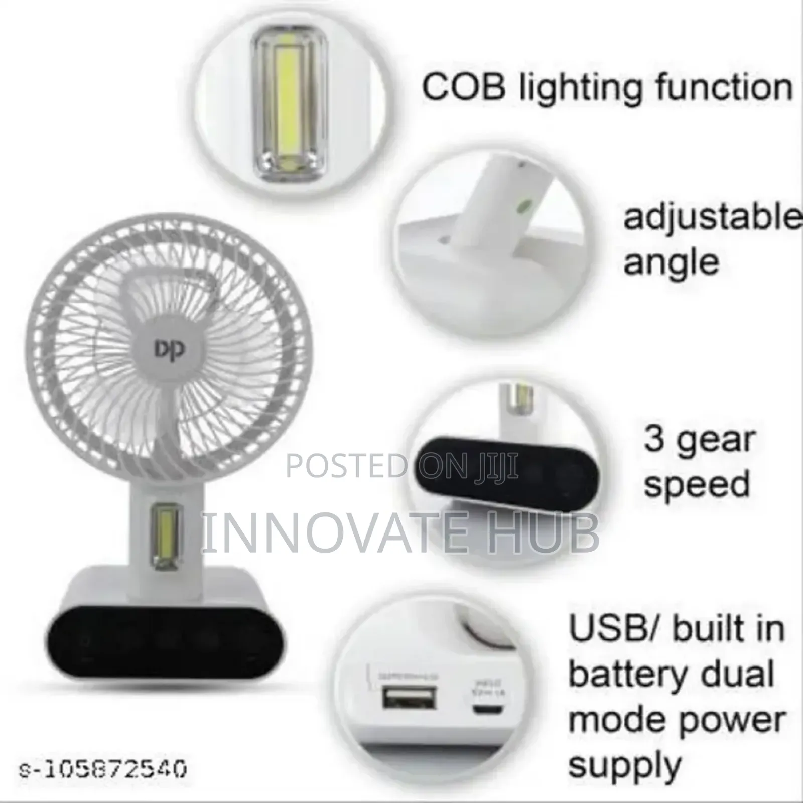 Dp 7624 Rechargeable Portable Usb Table Fan, Led Light