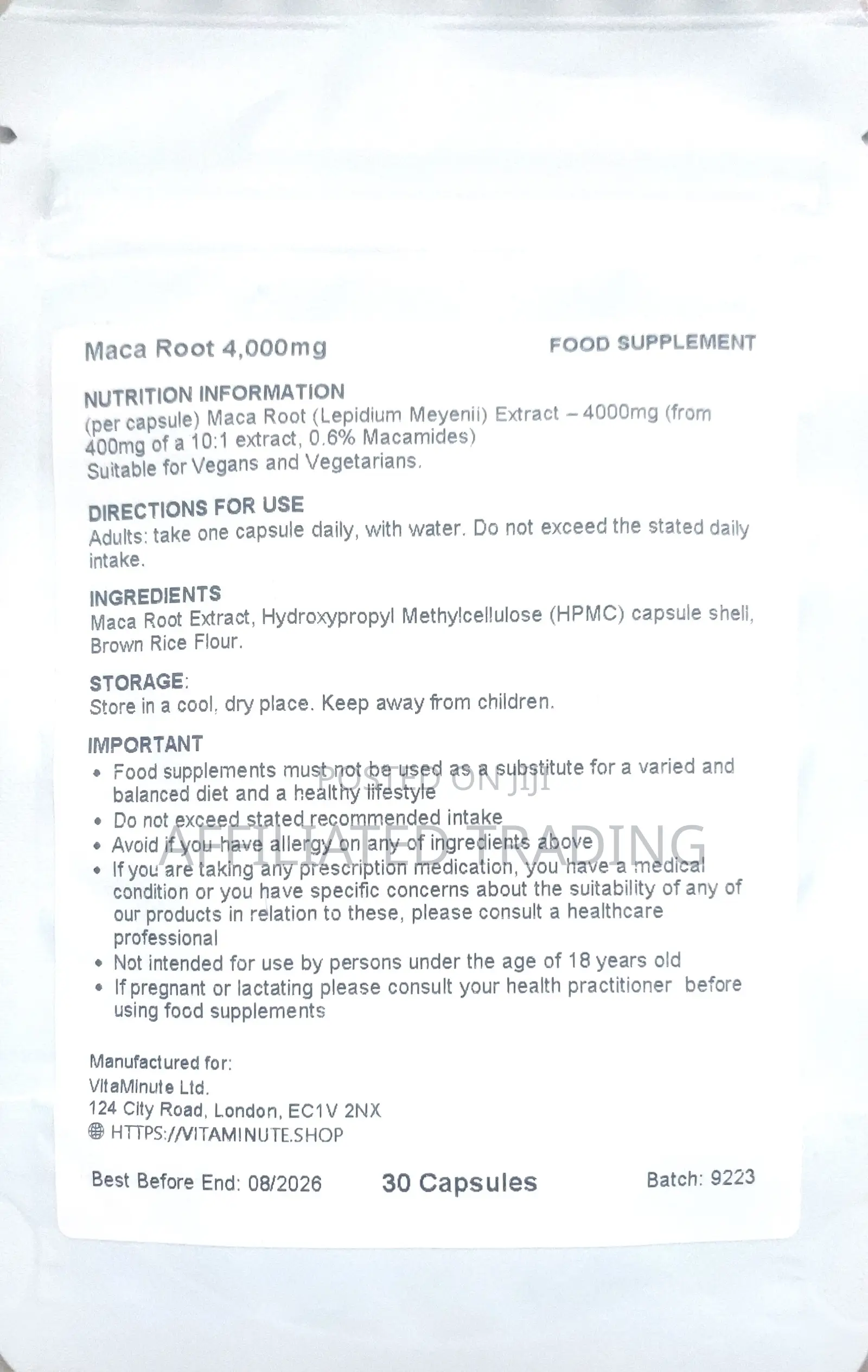 Maca Root 4000mg 30 Capsules (V) High Strength - Made in Uk