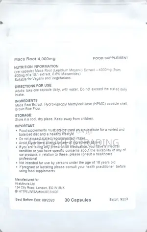 Maca Root 4000mg 30 Capsules (V) High Strength - Made in Uk