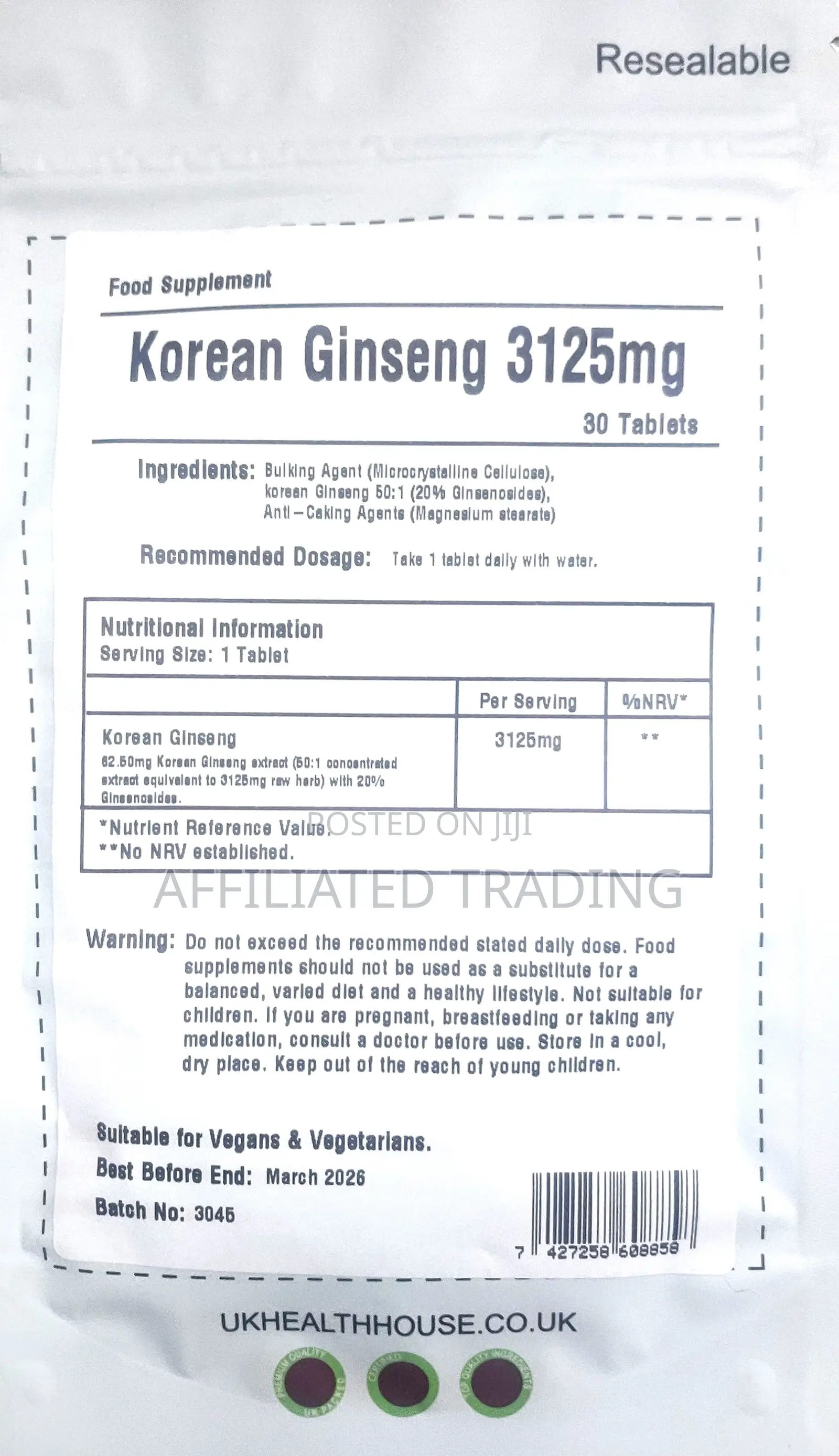 Korean Ginseng Max 3125mg - 30 Tablets - Extra Ginsenosides