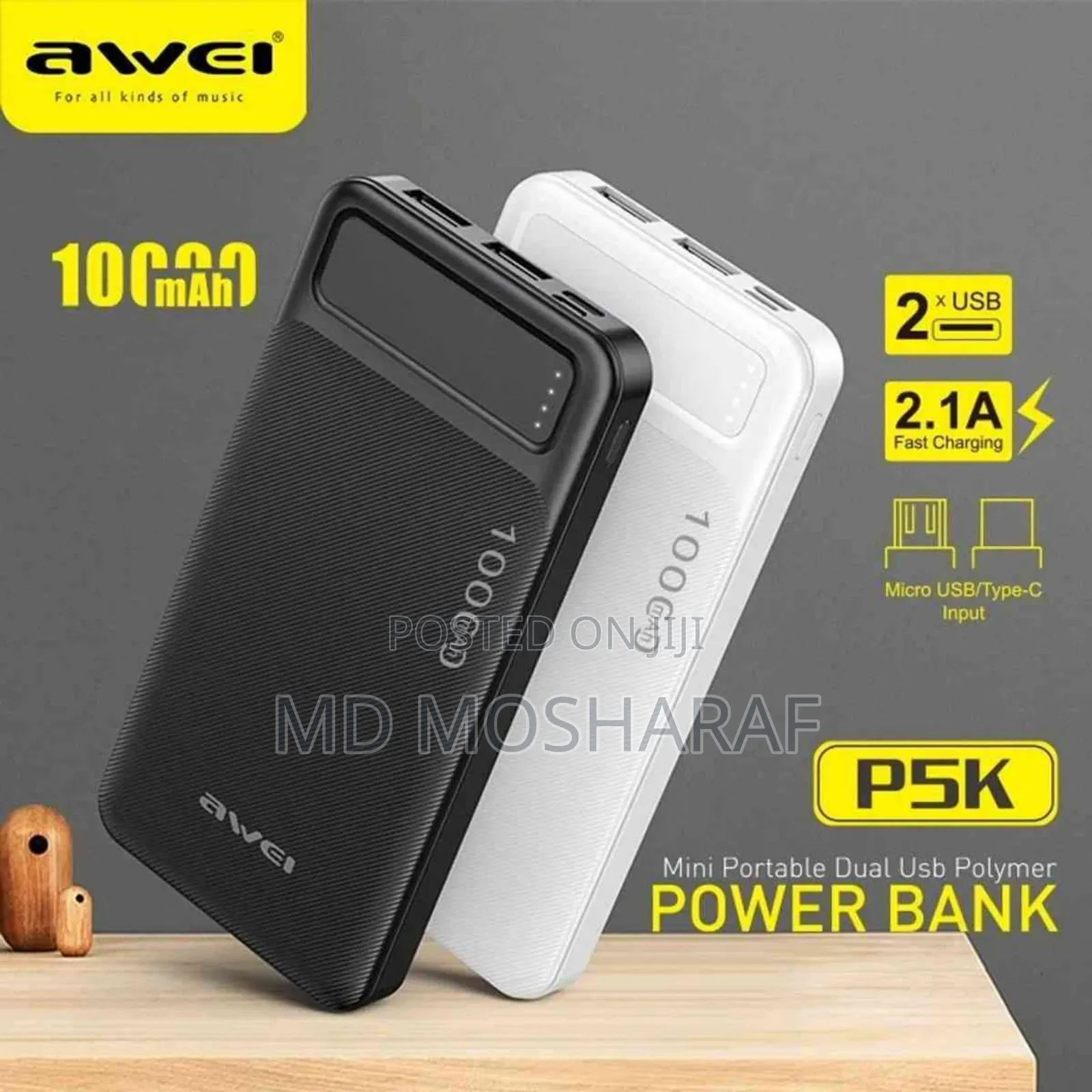 Awei P5k 10000mah Power Bank Dual Usb Port Powerbank