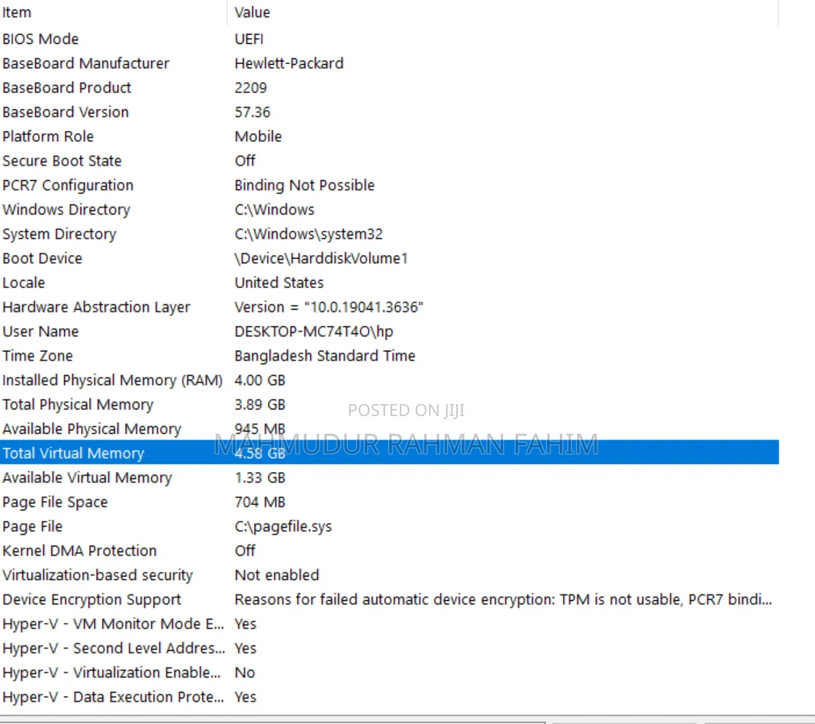 Laptop HP 4GB Intel SSD 128GB
