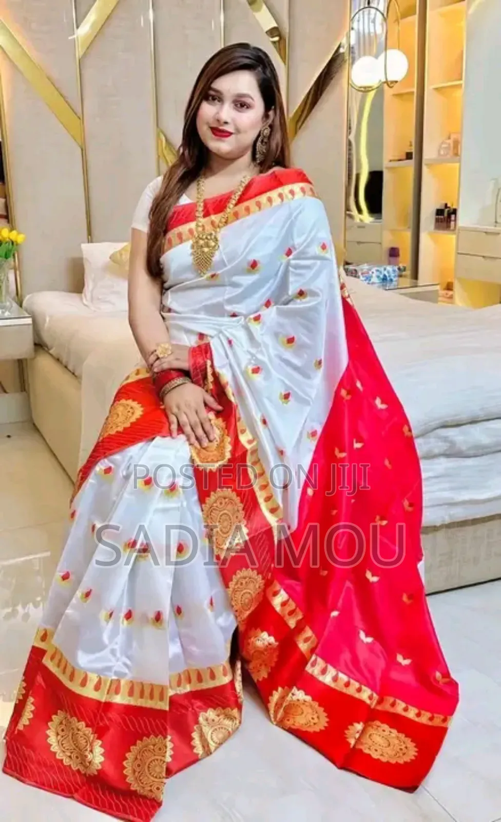 Red and White Soft Silk Katan Shari