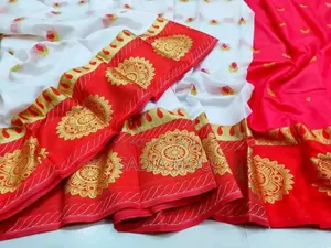 Red and White Soft Silk Katan Shari
