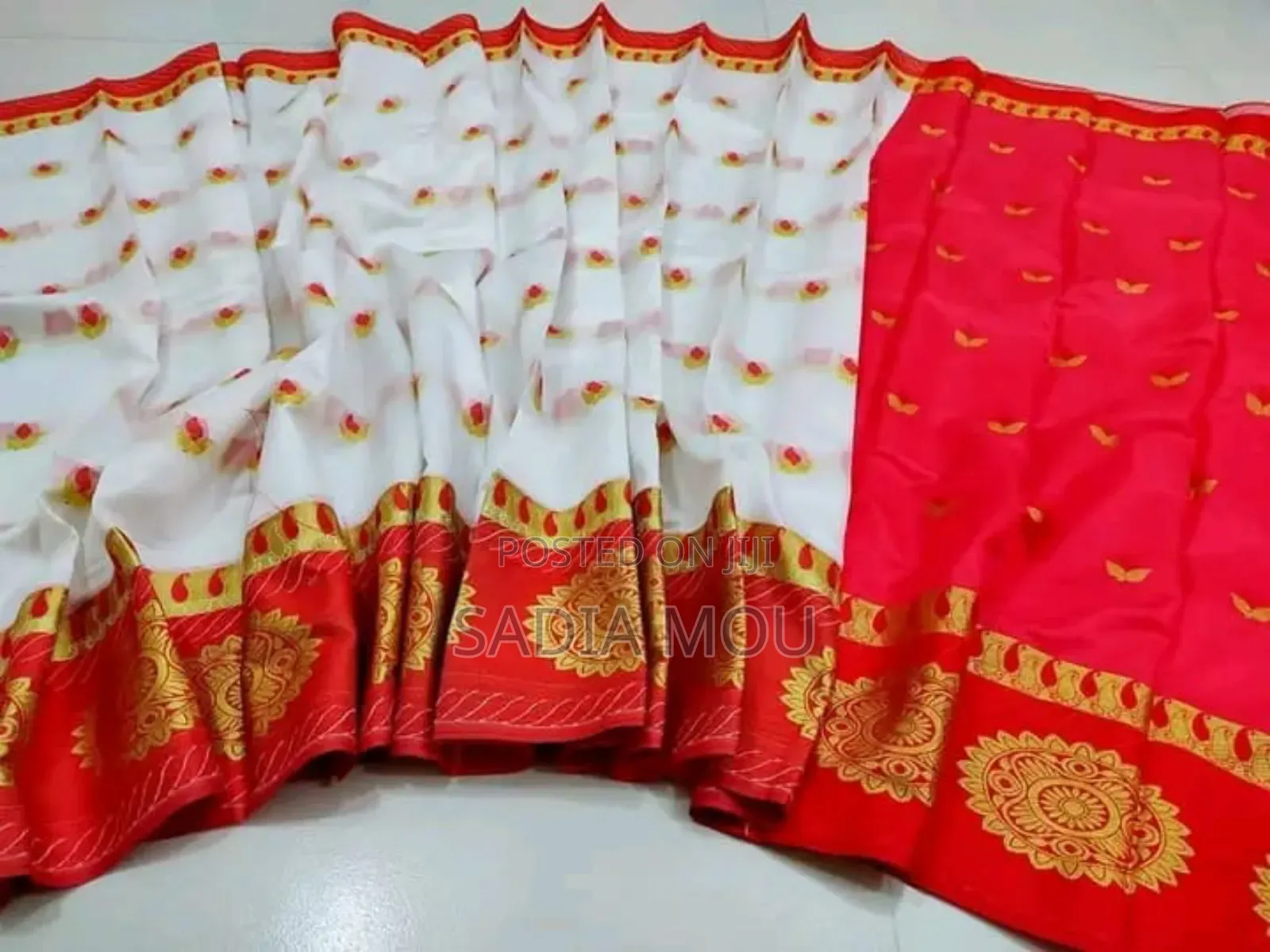Red and White Soft Silk Katan Shari