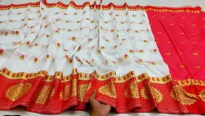 Red and White Soft Silk Katan Shari