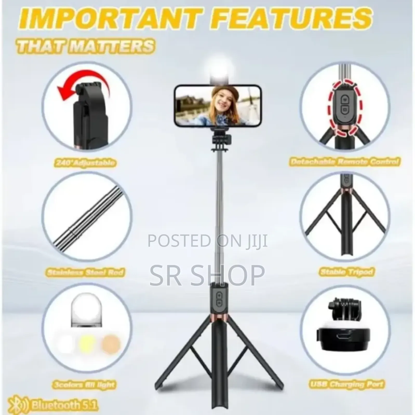 Live- Led 1.7m (5.7 Feet) Live Selfi Stand With Rechargable Light