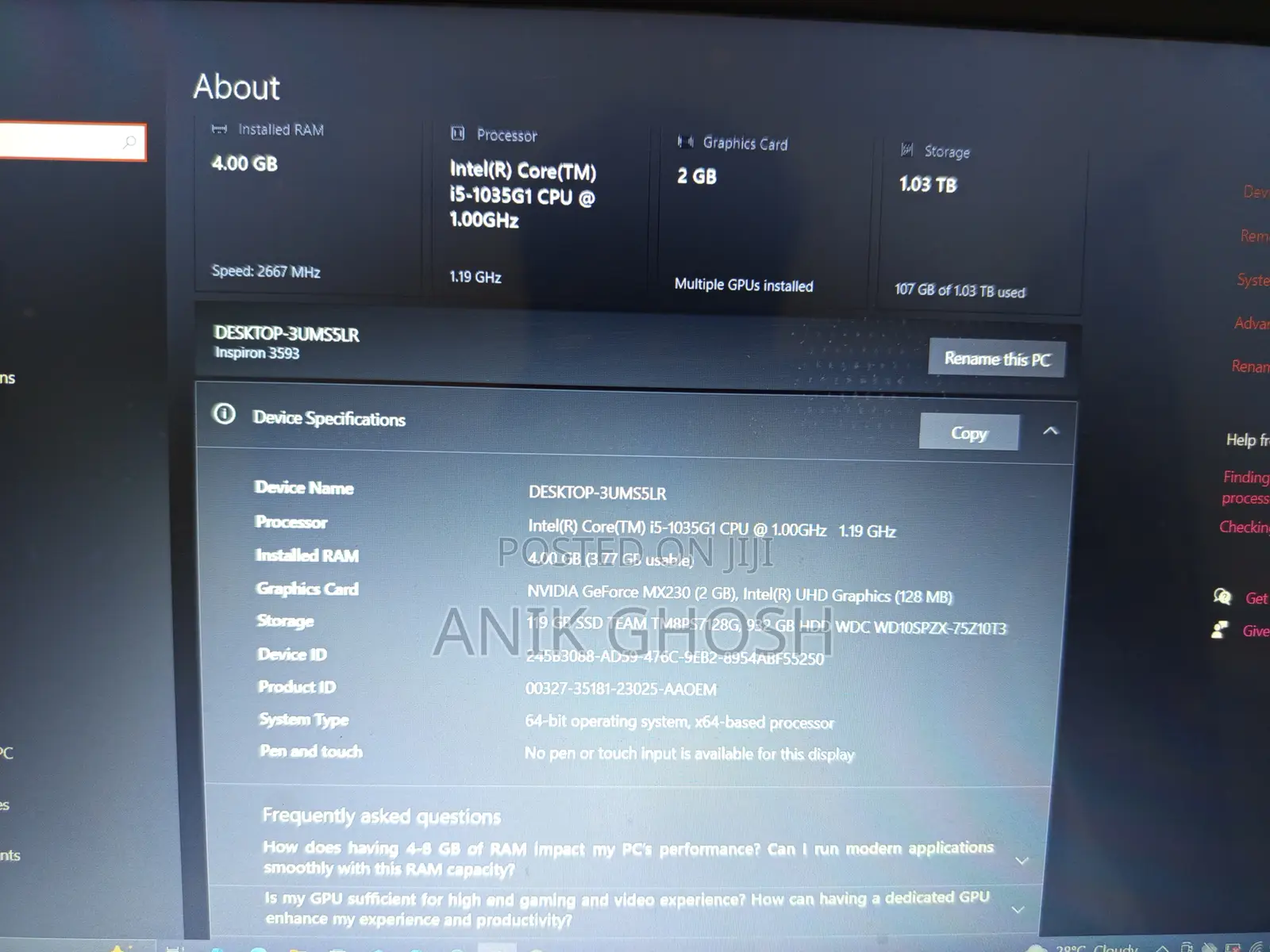 Laptop Dell Inspiron 15 3593 4GB Intel Core I5 HDD+SSD 1T