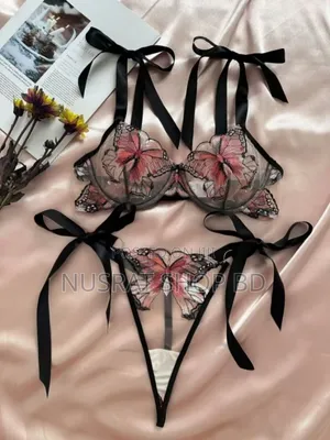 Photo - Butterfly Embroidery Applique Underwire Garter Lingerie Set"