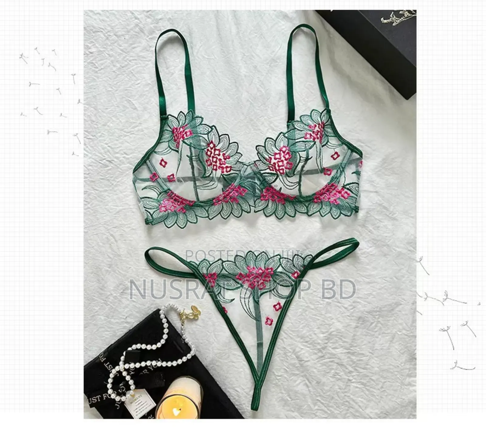 Embroidery Applique Underwire Garter Lingerie Set"