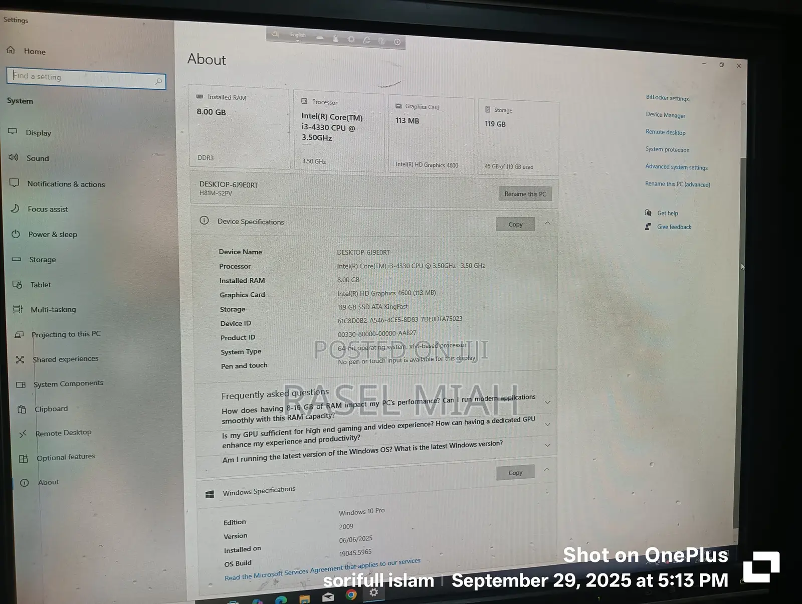 Desktop Computer HP 200 G4 22 All-in-One 8GB Intel Core I3 SSD 128GB