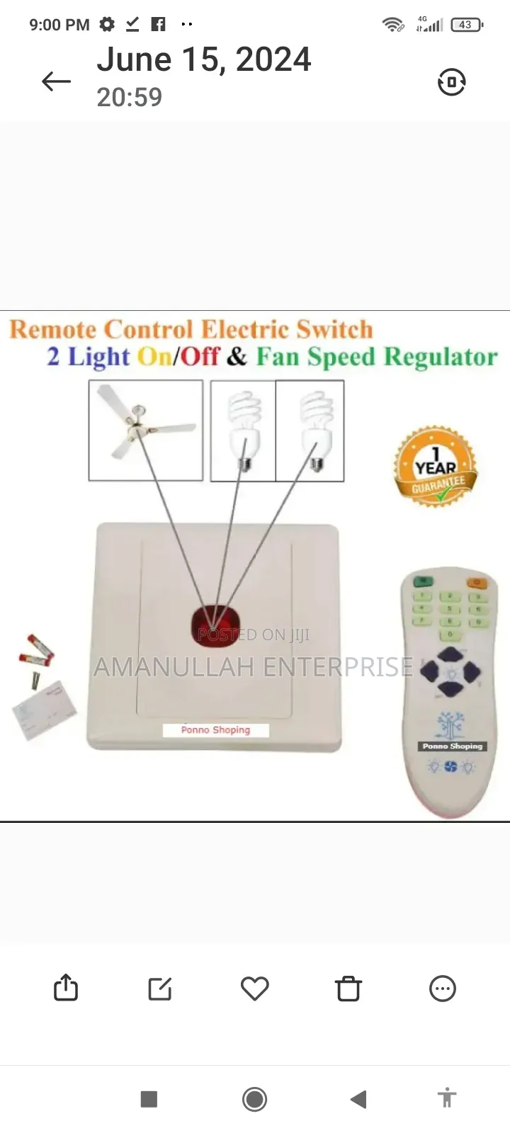Remote Control Switch for 2 Light 1 Fan With Regulator