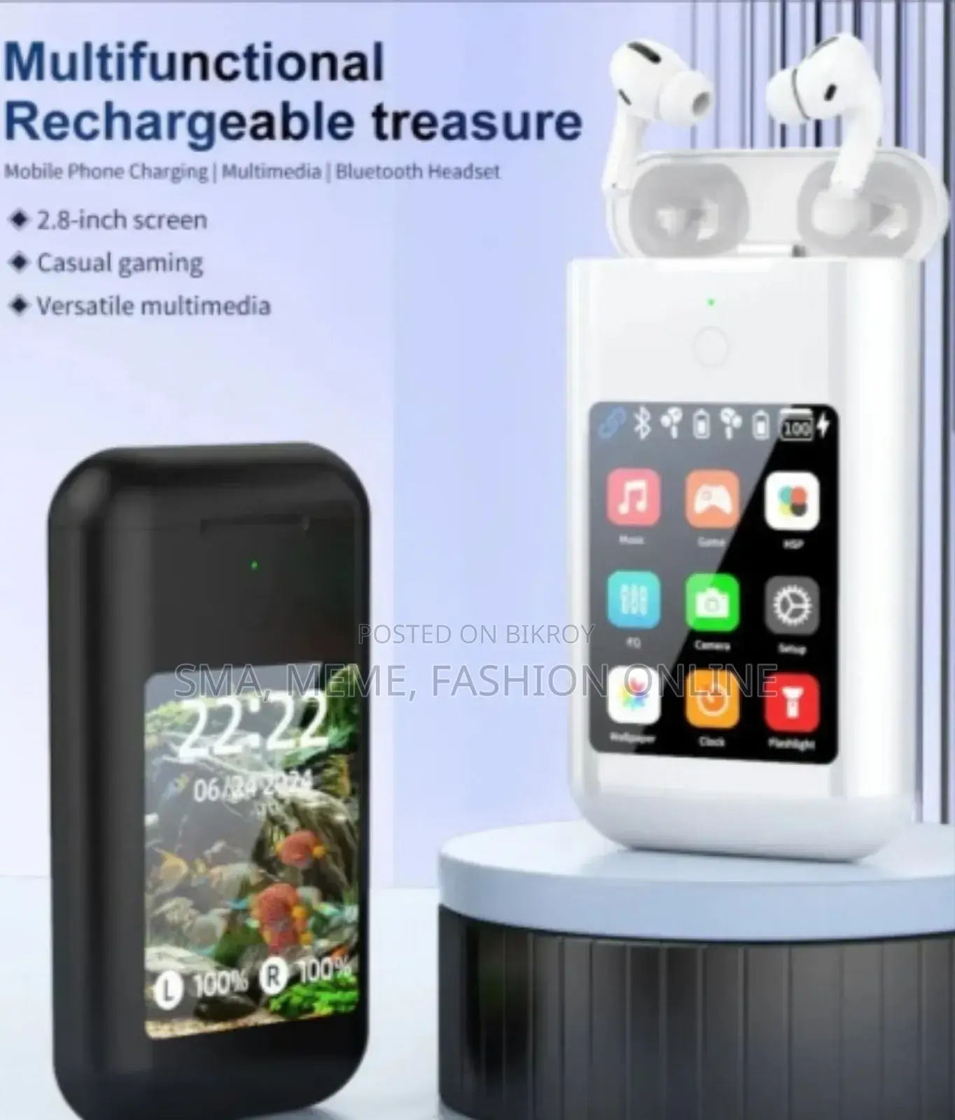 Carrying Treasure Portable Earbuds and Power Bank With Multimedia Touch Screen
