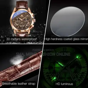 Olevs 2876 Multifunctional Luxury Genuine Leather Strap Watches In