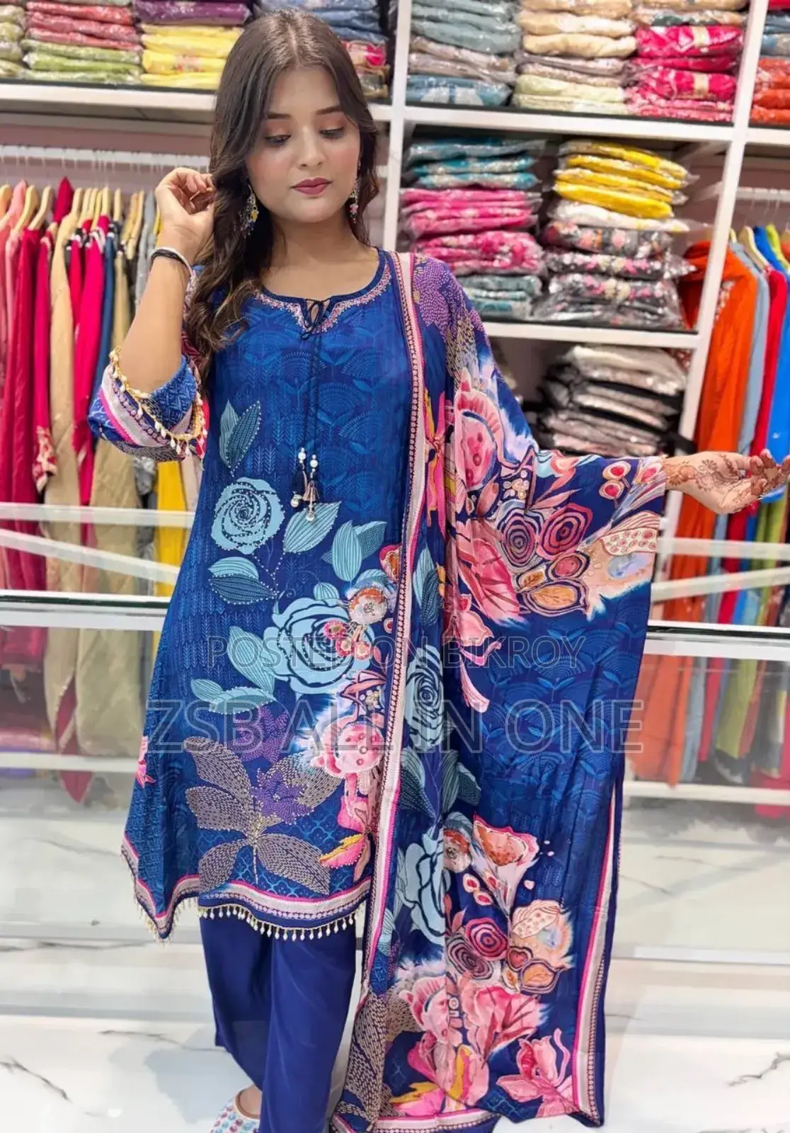 Karchupi Work Gown Dress Digital Print Three Piece