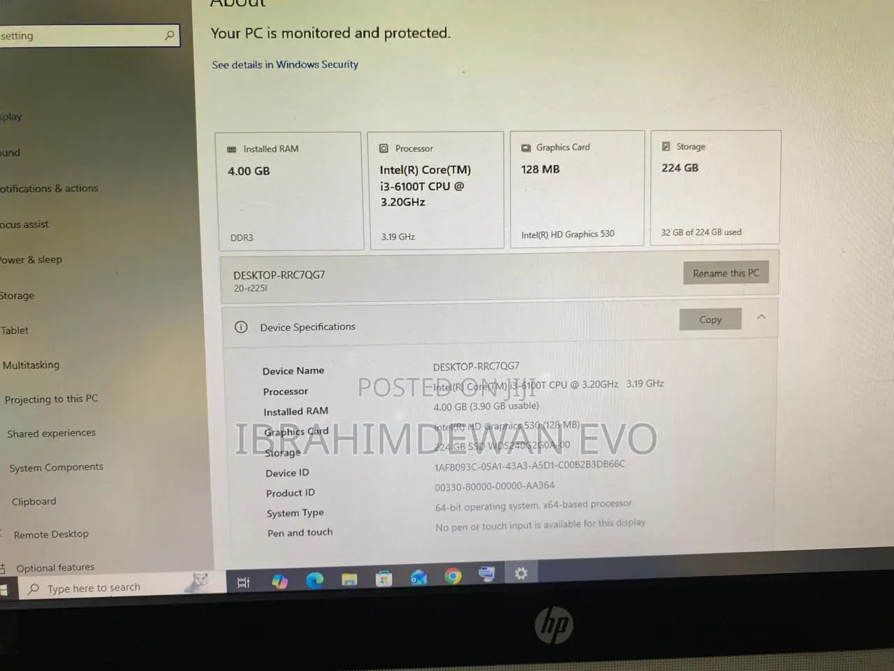 Desktop Computer HP 4GB Intel Core I3 SSD 256GB