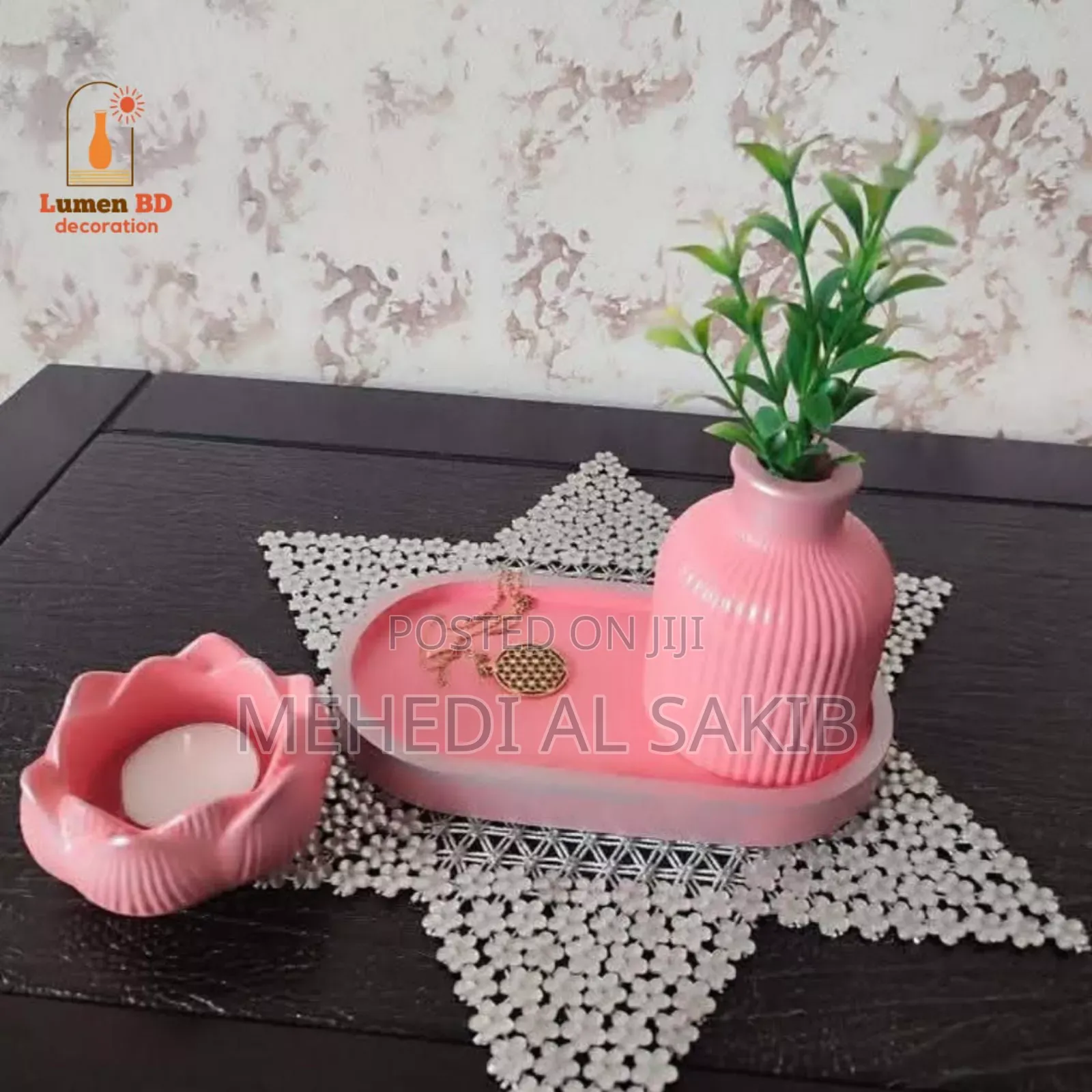Handmade Gypsum Vase Combo 3 PCS Set .Lotusjar,Oval Tray,Flowervase)