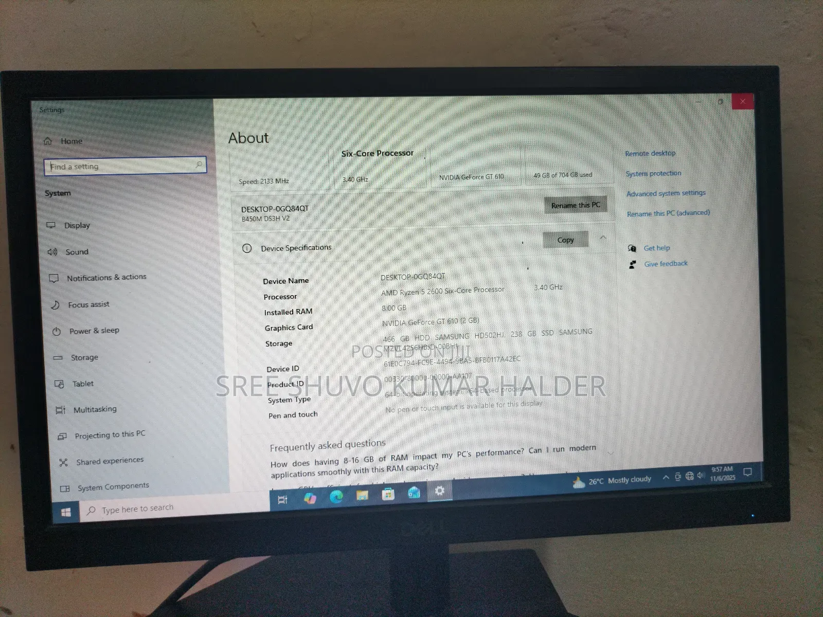 Desktop Computer 8GB AMD SSHD+SSD 256GB
