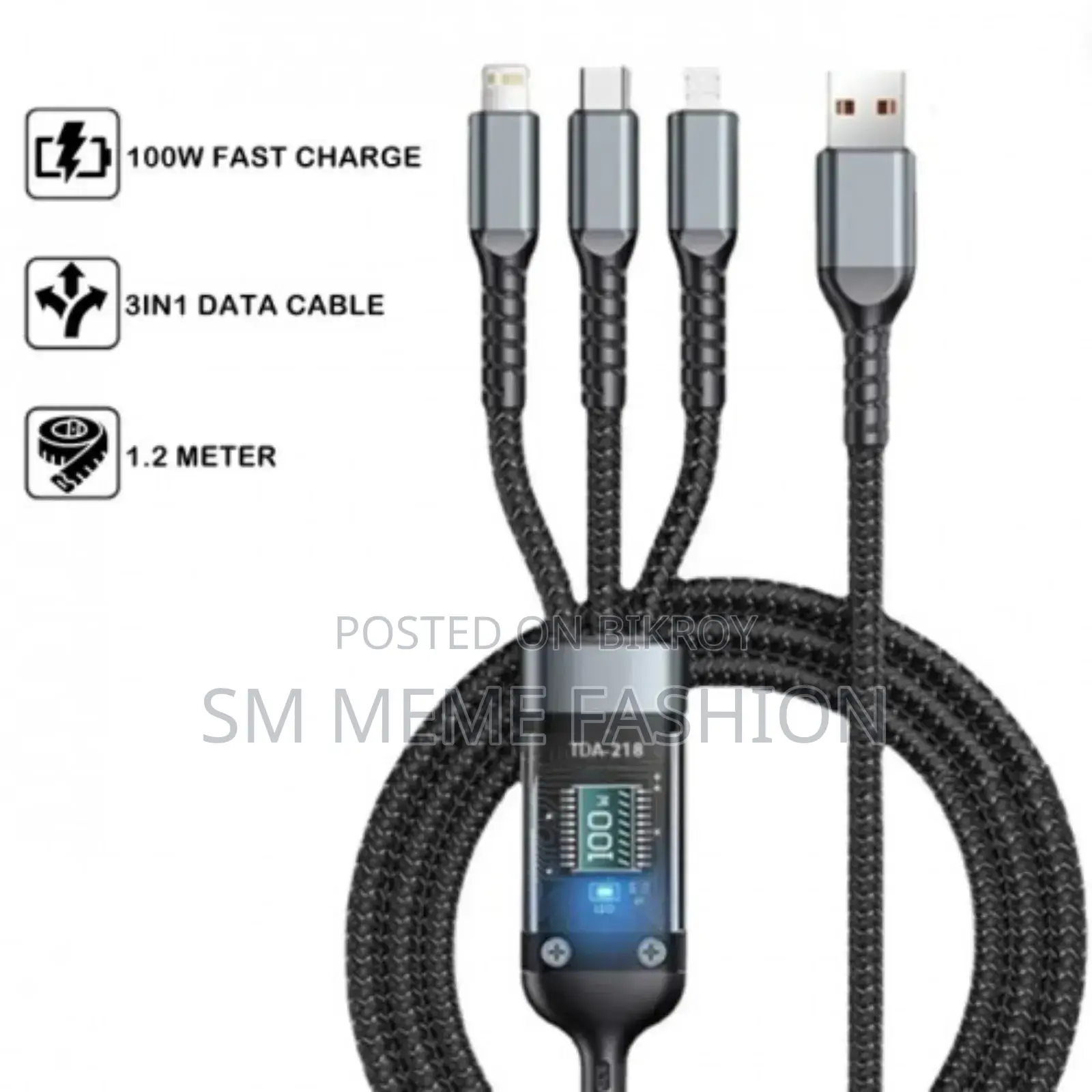 TDA-218 Transparent Chip 3-in-1 Super Fast Mobile Charging Cable