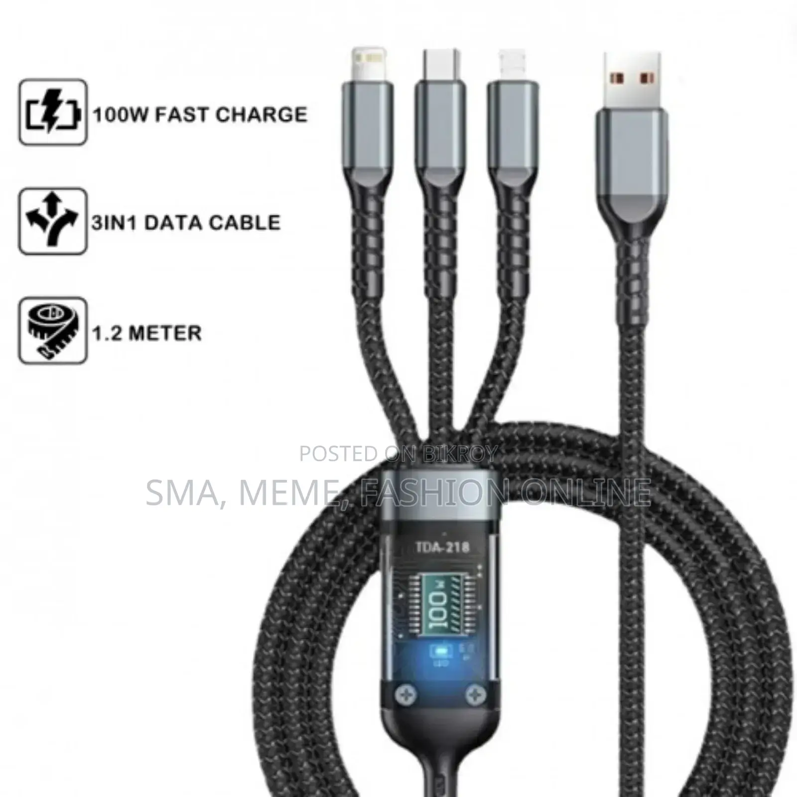 Tda-218 Transparent Chip 3 in 1 Super Fast Mobile Phone Charging Cable