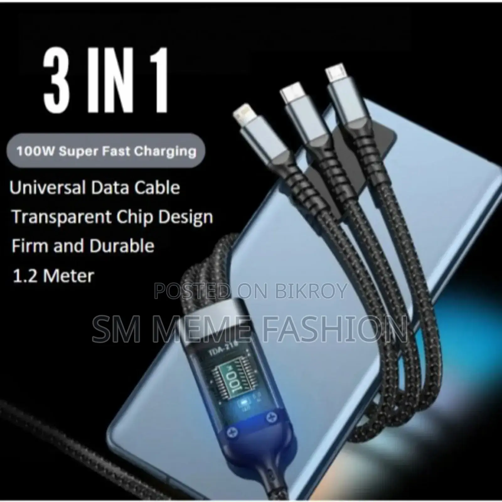 TDA-218 Transparent Chip 3-in-1 Super Fast Mobile Charging Cable