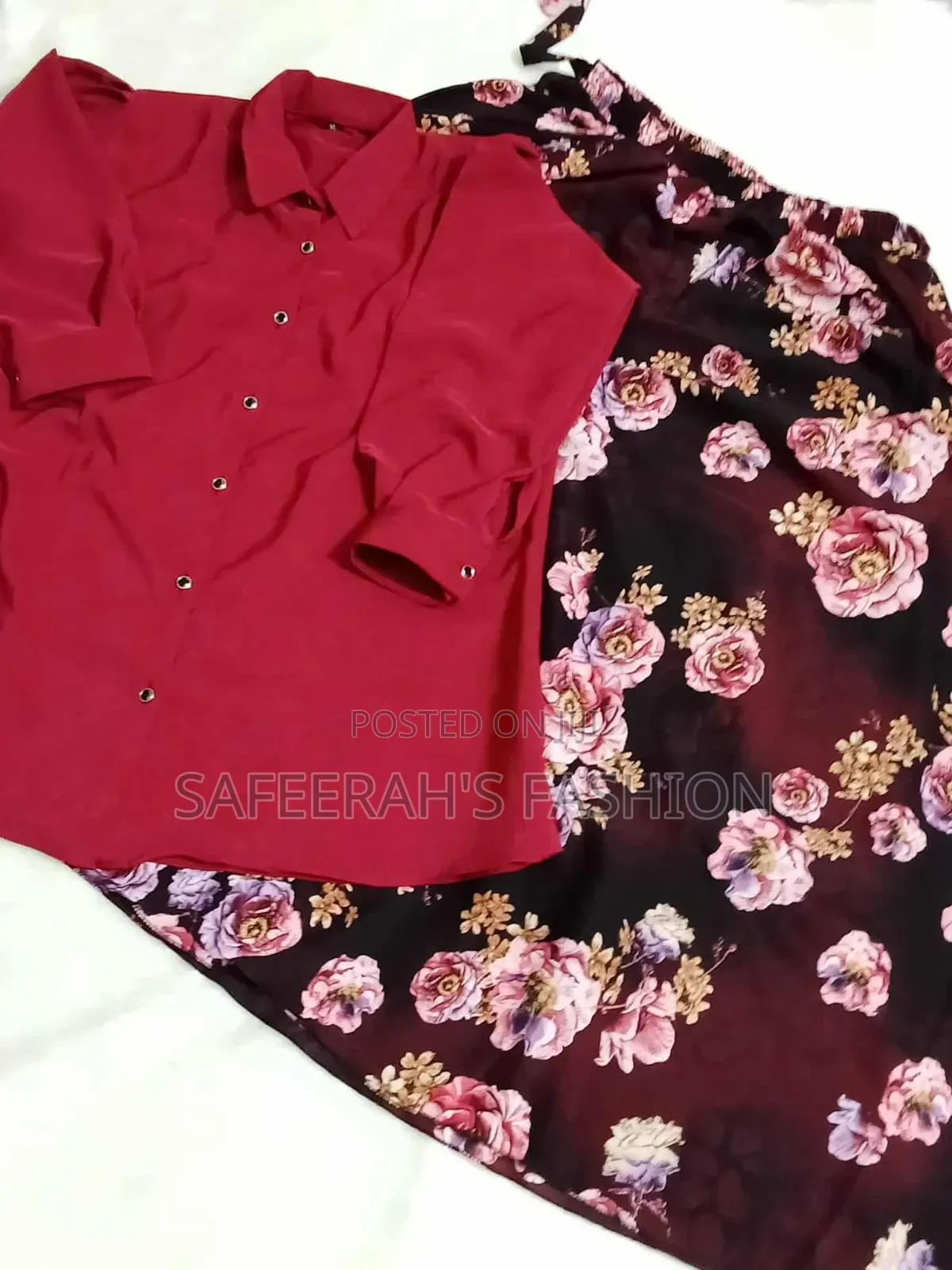 প্রিন্টের চেরি ফেব্রিক শার্ট স্কার্ট সেট R