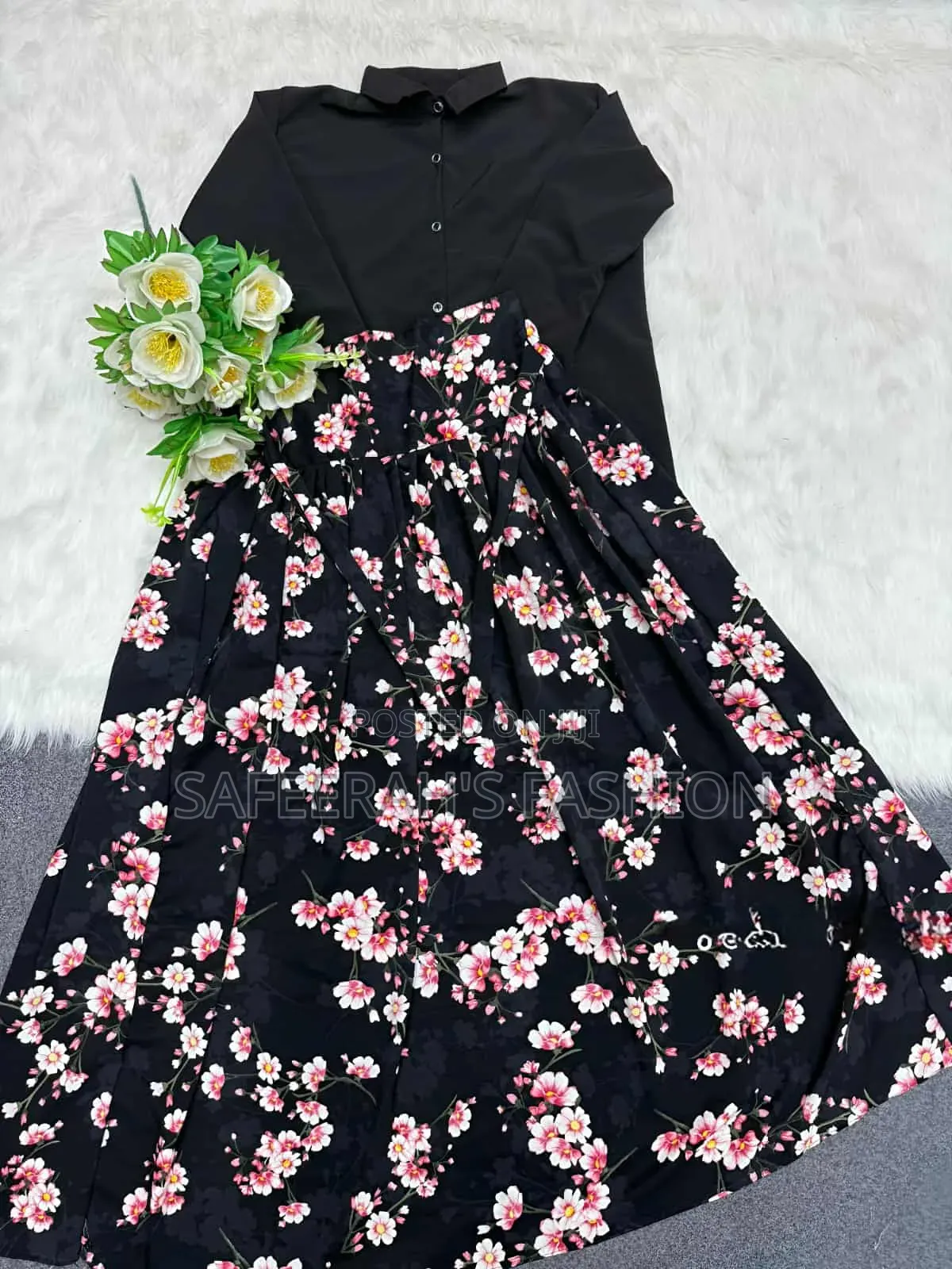 প্রিন্টের চেরি ফেব্রিক শার্ট স্কার্ট সেট R