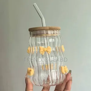 Elegant Wavy Glass Cup With Bow Lid Straw