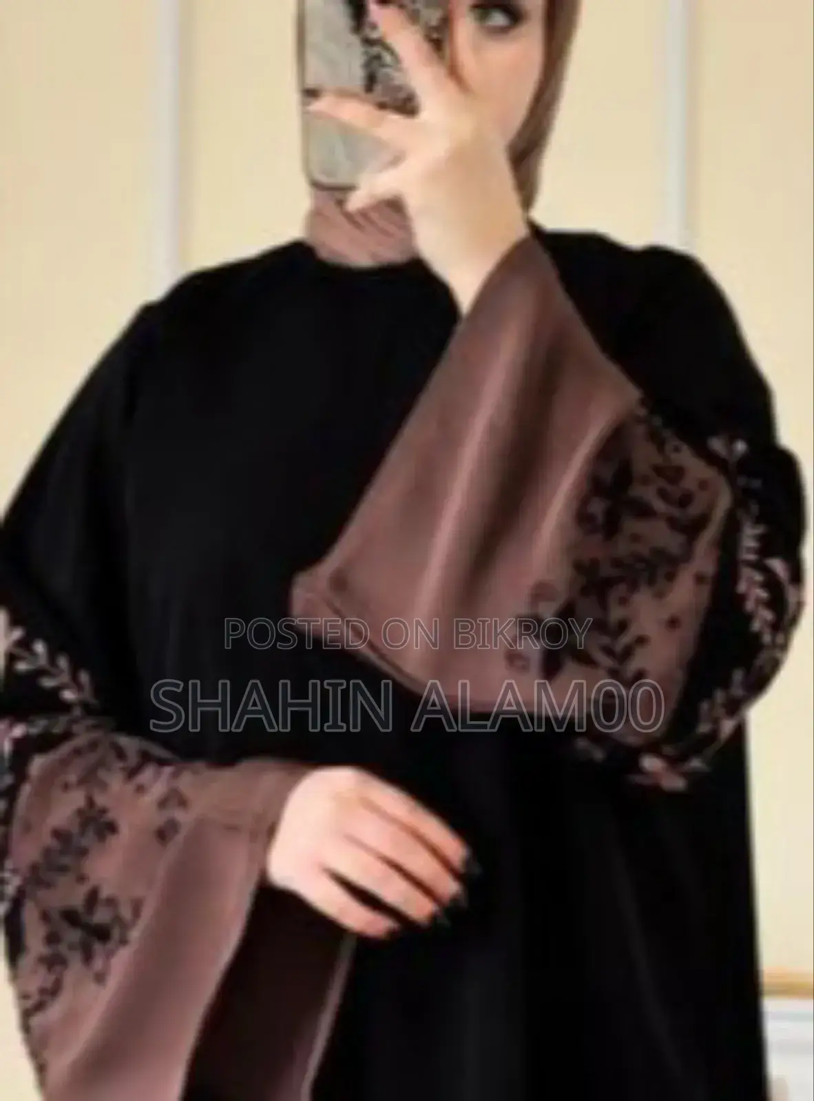 Coffee Black Embroidery Borkha (with Hijab)