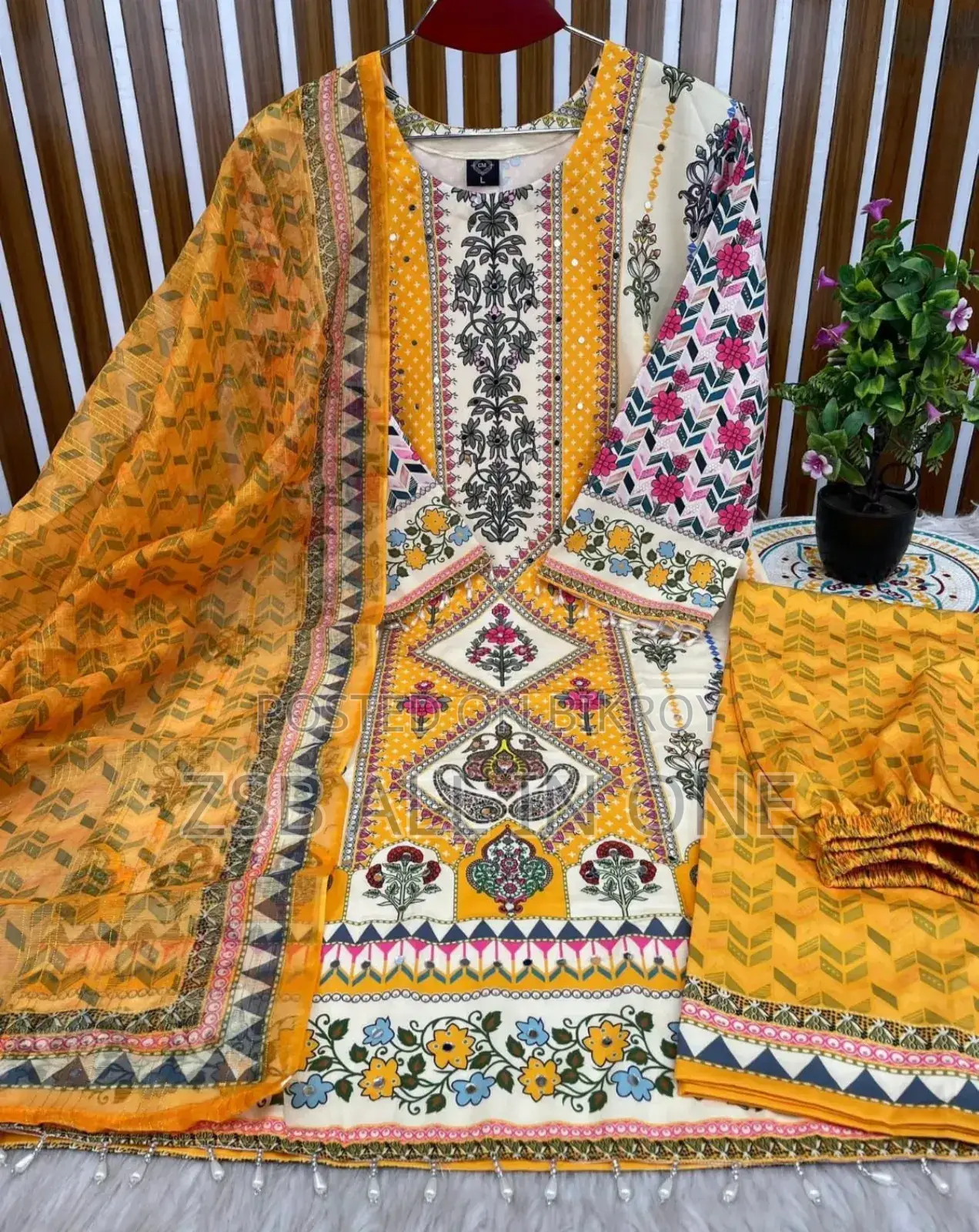 Digital Print Three Piece Readymade Three Piece with Lace Work Design