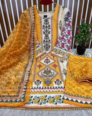 Digital Print Three Piece Readymade Three Piece with Lace Work Design