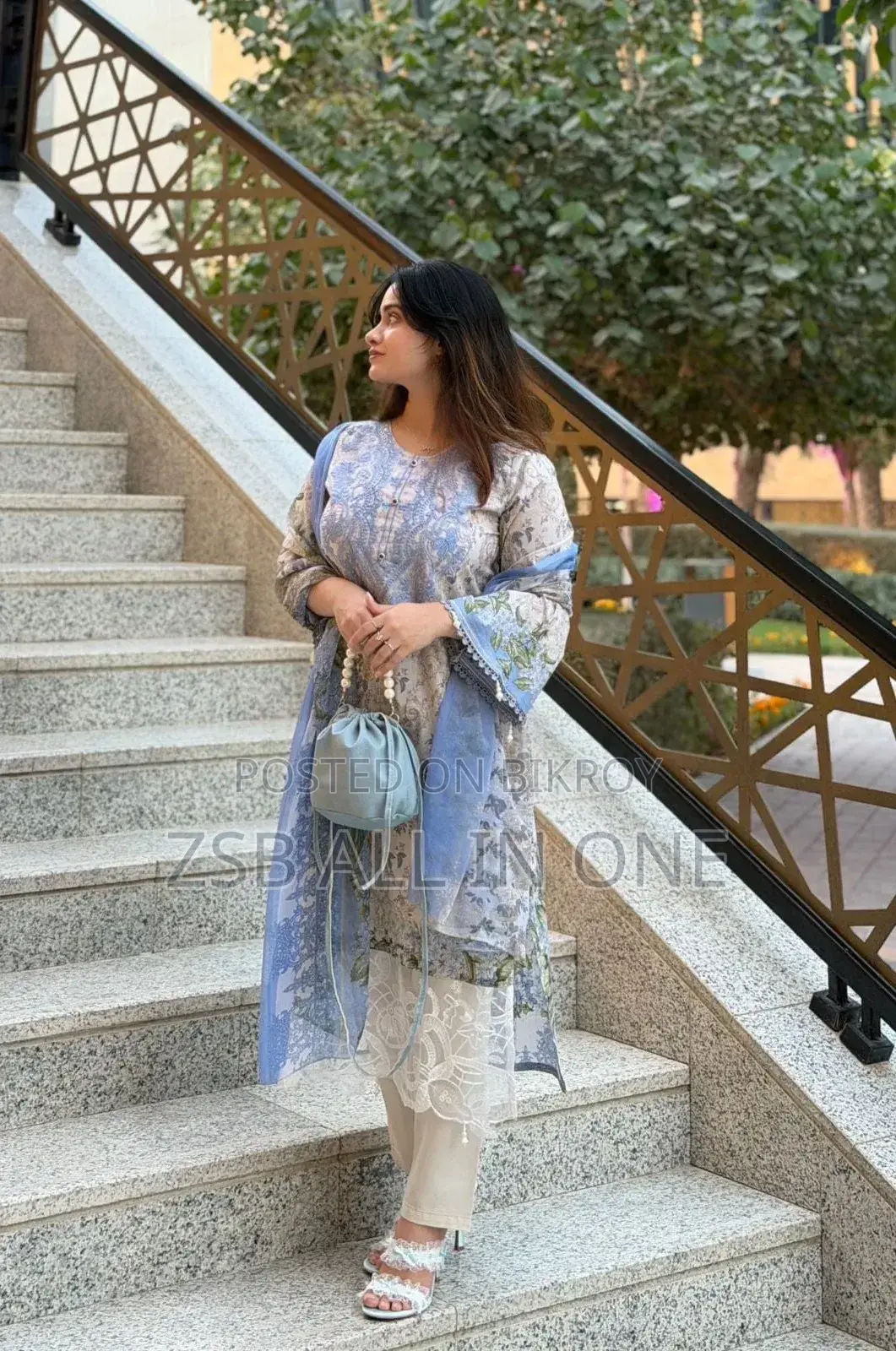 Readymade Three Piece with Digital Print and Lace Work Design