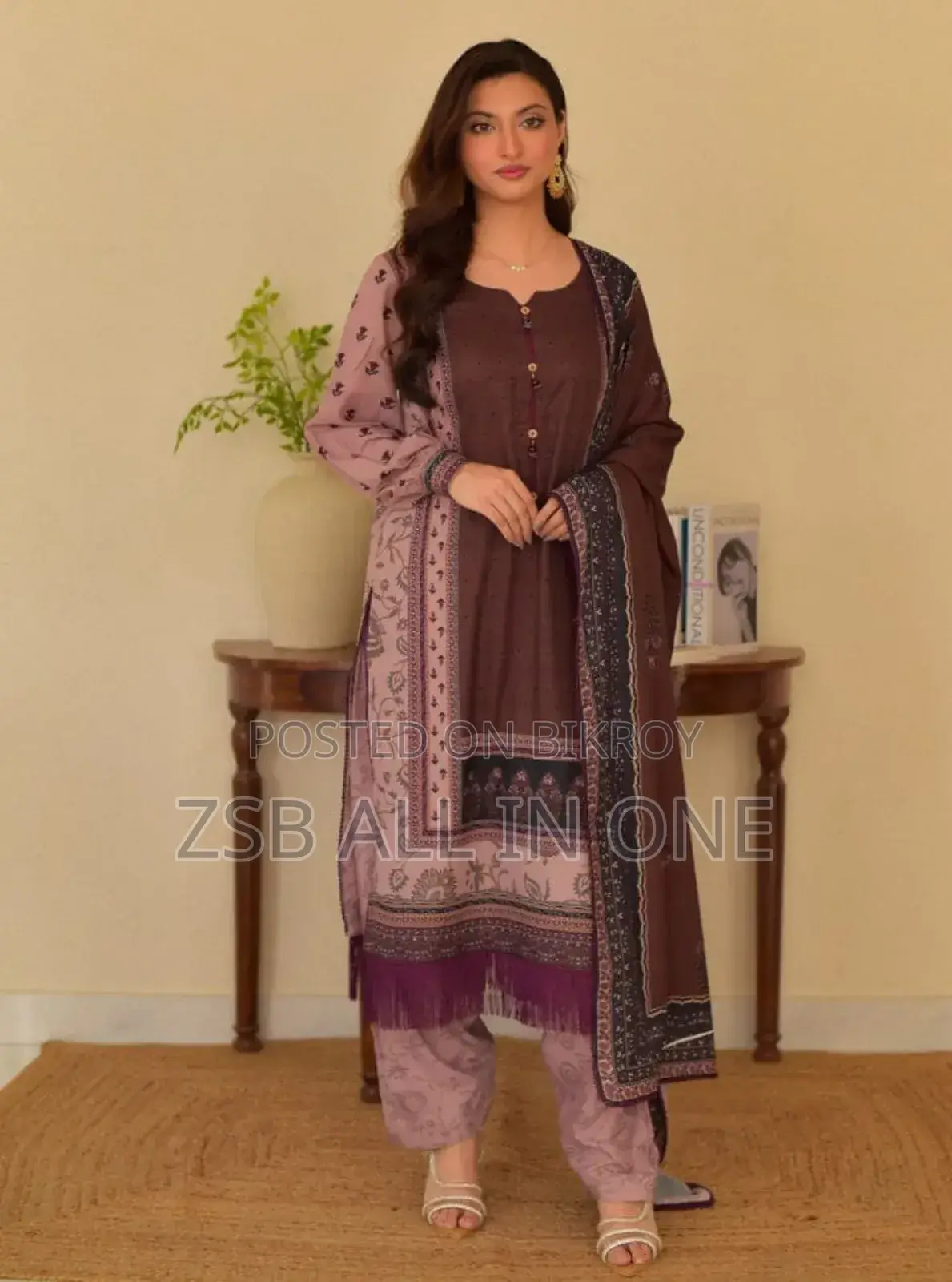 Readymade Three Piece with Digital Print and Lace Work Design