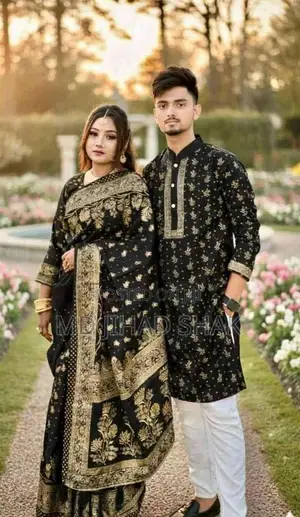 জাপানি সিল্কের শাড়ি এবং পাঞ্জাবি কাপল ড্রেস ব্লাউজ পিস সহ
